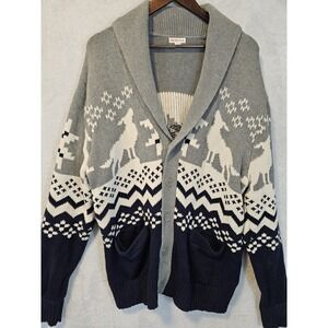 Merona XL Knit Cardigan Sweater Men's Navy Blue Gray Howling Wolves Grandpacore